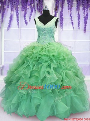 Cute Ball Gowns V-neck Sleeveless Organza Floor Length Lace Up Beading and Ruffles Sweet 16 Dress