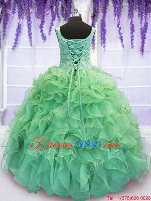 Cute Ball Gowns V-neck Sleeveless Organza Floor Length Lace Up Beading and Ruffles Sweet 16 Dress