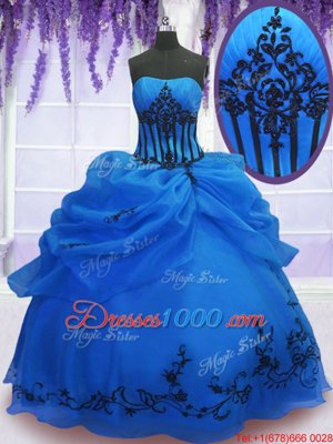 Blue Strapless Lace Up Embroidery Vestidos de Quinceanera Sleeveless