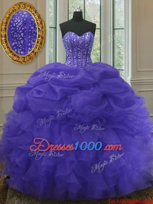 Fancy Organza Sweetheart Sleeveless Lace Up Beading and Ruffles and Pick Ups Quinceanera Dress in Purple