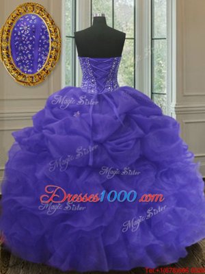 Fancy Organza Sweetheart Sleeveless Lace Up Beading and Ruffles and Pick Ups Quinceanera Dress in Purple