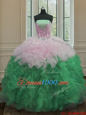 Fantastic Multi-color Ball Gowns Beading and Ruffles 15th Birthday Dress Lace Up Organza Sleeveless Floor Length