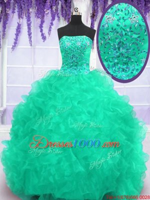 Sophisticated Brush Train Ball Gowns 15 Quinceanera Dress Turquoise Strapless Organza Sleeveless With Train Lace Up