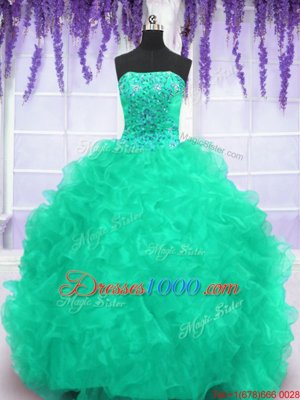 Sophisticated Brush Train Ball Gowns 15 Quinceanera Dress Turquoise Strapless Organza Sleeveless With Train Lace Up