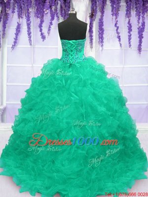 Sophisticated Brush Train Ball Gowns 15 Quinceanera Dress Turquoise Strapless Organza Sleeveless With Train Lace Up