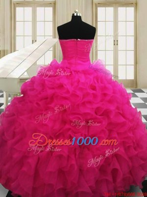Floor Length Hot Pink Quince Ball Gowns Organza Sleeveless Beading