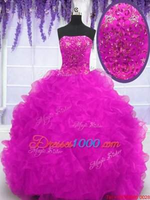 Fuchsia Strapless Neckline Beading and Appliques and Ruffles Quinceanera Gowns Sleeveless Lace Up