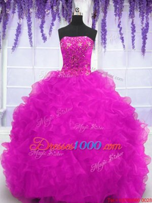 Fuchsia Strapless Neckline Beading and Appliques and Ruffles Quinceanera Gowns Sleeveless Lace Up