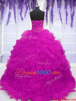 Fuchsia Strapless Neckline Beading and Appliques and Ruffles Quinceanera Gowns Sleeveless Lace Up