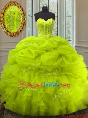 Latest Yellow Green Ball Gowns Organza Sweetheart Sleeveless Beading and Ruffles and Pick Ups Floor Length Lace Up Quinceanera Gown