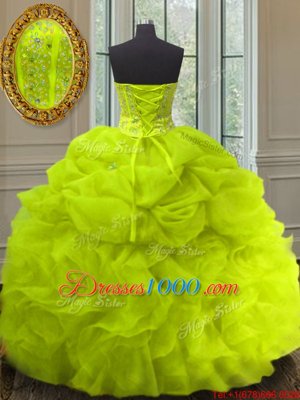 Latest Yellow Green Ball Gowns Organza Sweetheart Sleeveless Beading and Ruffles and Pick Ups Floor Length Lace Up Quinceanera Gown