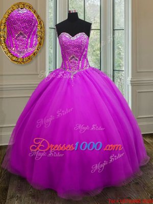 Low Price Purple Organza Lace Up Sweetheart Sleeveless Floor Length Sweet 16 Dresses Beading