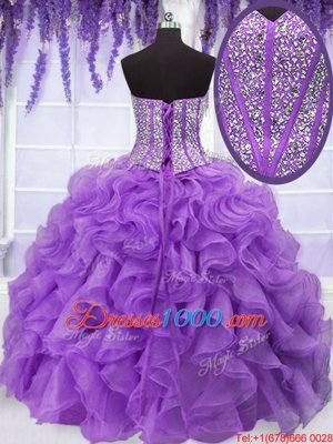 Eye-catching Organza Sweetheart Sleeveless Lace Up Beading and Ruffles Sweet 16 Dress in Purple