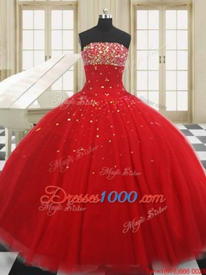 Strapless Sleeveless Tulle 15 Quinceanera Dress Beading Lace Up