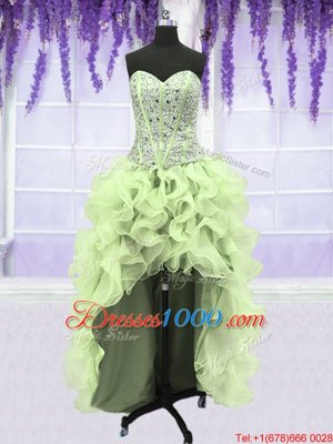 Four Piece Floor Length Lace Up Quinceanera Dress Yellow Green and In for Military Ball and Sweet 16 and Quinceanera with Ruffles and Sequins