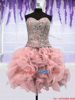 Enchanting Four Piece Floor Length Lace Up Quinceanera Gowns Pink and In for Military Ball and Sweet 16 and Quinceanera with Ruffles and Sequins