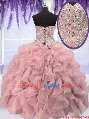 Enchanting Four Piece Floor Length Lace Up Quinceanera Gowns Pink and In for Military Ball and Sweet 16 and Quinceanera with Ruffles and Sequins