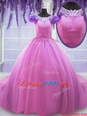 Stunning Scoop Hand Made Flower Quinceanera Gown Rose Pink Lace Up Short Sleeves Floor Length
