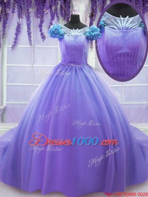 New Arrival Scoop Short Sleeves Court Train Lace Up Sweet 16 Quinceanera Dress Lavender Tulle