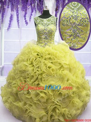 Enchanting Scoop Yellow Lace Up Ball Gown Prom Dress Beading and Ruffles Sleeveless Floor Length