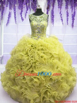 Enchanting Scoop Yellow Lace Up Ball Gown Prom Dress Beading and Ruffles Sleeveless Floor Length