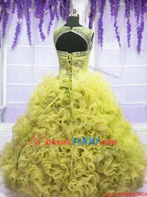 Enchanting Scoop Yellow Lace Up Ball Gown Prom Dress Beading and Ruffles Sleeveless Floor Length