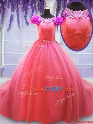 Fabulous Watermelon Red Tulle Lace Up Scoop Short Sleeves 15th Birthday Dress Court Train Hand Made Flower