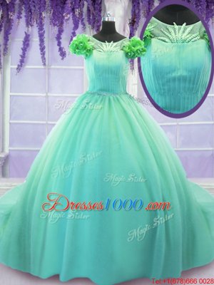 Scoop Turquoise Tulle Lace Up Quinceanera Gown Short Sleeves Court Train Hand Made Flower