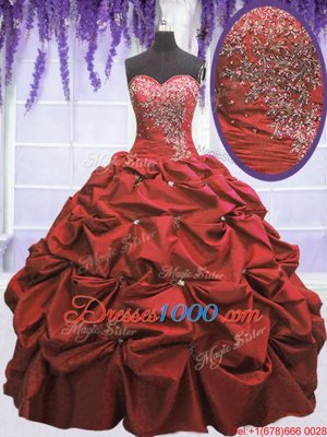 Super Coral Red Ball Gowns Beading and Pick Ups Sweet 16 Quinceanera Dress Lace Up Taffeta Sleeveless Floor Length