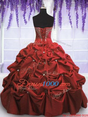 Super Coral Red Ball Gowns Beading and Pick Ups Sweet 16 Quinceanera Dress Lace Up Taffeta Sleeveless Floor Length