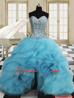 Captivating Three Piece Baby Blue Sweetheart Lace Up Beading and Ruffles Quinceanera Dresses Sleeveless