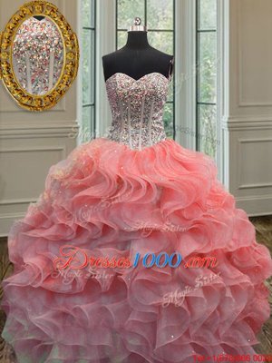 New Arrival Sleeveless Organza Floor Length Lace Up Sweet 16 Quinceanera Dress in Watermelon Red for with Beading and Ruffles