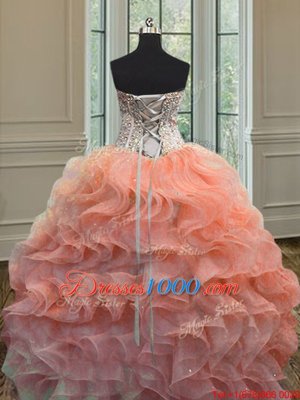 New Arrival Sleeveless Organza Floor Length Lace Up Sweet 16 Quinceanera Dress in Watermelon Red for with Beading and Ruffles