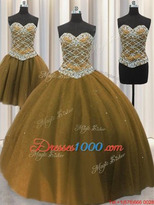 Three Piece Brown Ball Gowns Tulle Sweetheart Sleeveless Beading and Sequins Floor Length Lace Up Sweet 16 Quinceanera Dress