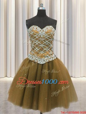 Three Piece Brown Ball Gowns Tulle Sweetheart Sleeveless Beading and Sequins Floor Length Lace Up Sweet 16 Quinceanera Dress