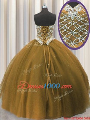 Three Piece Brown Ball Gowns Tulle Sweetheart Sleeveless Beading and Sequins Floor Length Lace Up Sweet 16 Quinceanera Dress