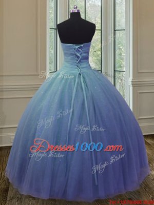Blue Lace Up Sweet 16 Quinceanera Dress Beading and Ruching Sleeveless Floor Length