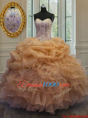 Pretty Gold Organza Lace Up Sweetheart Sleeveless Floor Length Quinceanera Dresses Beading and Pick Ups