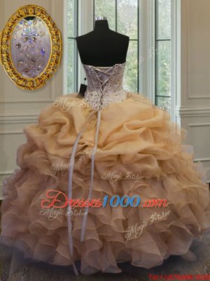 Pretty Gold Organza Lace Up Sweetheart Sleeveless Floor Length Quinceanera Dresses Beading and Pick Ups