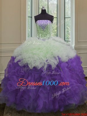 Strapless Sleeveless Lace Up Vestidos de Quinceanera White And Purple Organza