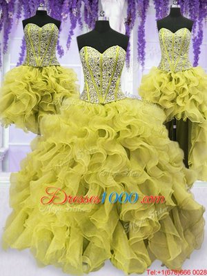 Four Piece Floor Length Lace Up Ball Gown Prom Dress Light Yellow and In for Military Ball and Sweet 16 and Quinceanera with Beading and Ruffles