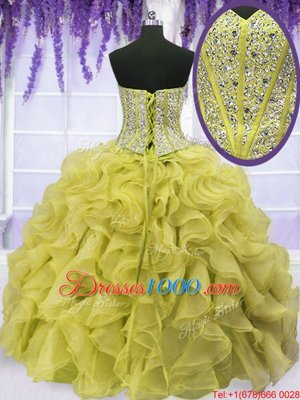Four Piece Floor Length Lace Up Ball Gown Prom Dress Light Yellow and In for Military Ball and Sweet 16 and Quinceanera with Beading and Ruffles