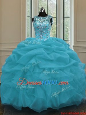 Super Scoop Sleeveless Quince Ball Gowns Floor Length Beading and Pick Ups Baby Blue Organza