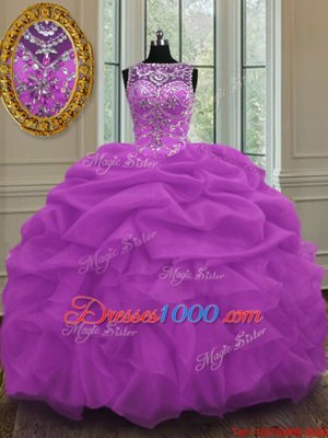 Scoop Floor Length Lilac Sweet 16 Quinceanera Dress Organza Sleeveless Beading and Pick Ups