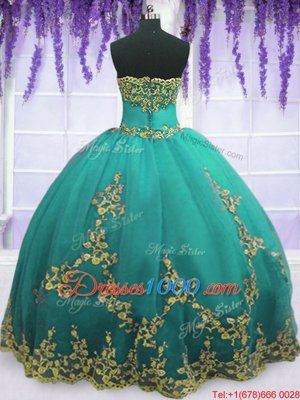 Fancy Aqua Blue Ball Gowns Strapless Sleeveless Tulle Floor Length Zipper Appliques 15 Quinceanera Dress