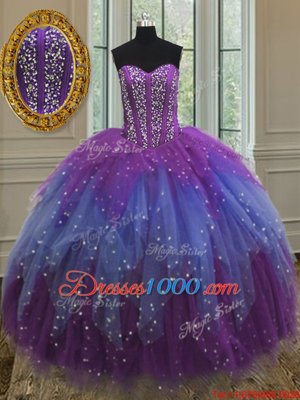 Noble Floor Length Multi-color Ball Gown Prom Dress Tulle Sleeveless Beading and Ruffles and Sequins