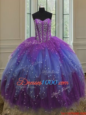Noble Floor Length Multi-color Ball Gown Prom Dress Tulle Sleeveless Beading and Ruffles and Sequins