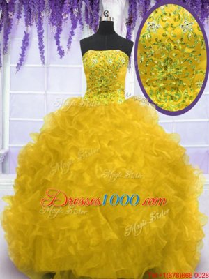 Beading and Ruffles Sweet 16 Quinceanera Dress Gold Lace Up Sleeveless With Brush Train