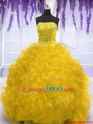 Beading and Ruffles Sweet 16 Quinceanera Dress Gold Lace Up Sleeveless With Brush Train