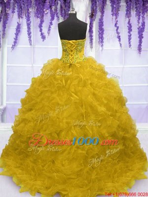 Beading and Ruffles Sweet 16 Quinceanera Dress Gold Lace Up Sleeveless With Brush Train